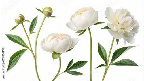 Fototapeta Naklejka Na Ścianę i Meble -  Set of white peony flowers, buds, and green leaves, isolated on white. (Flower)