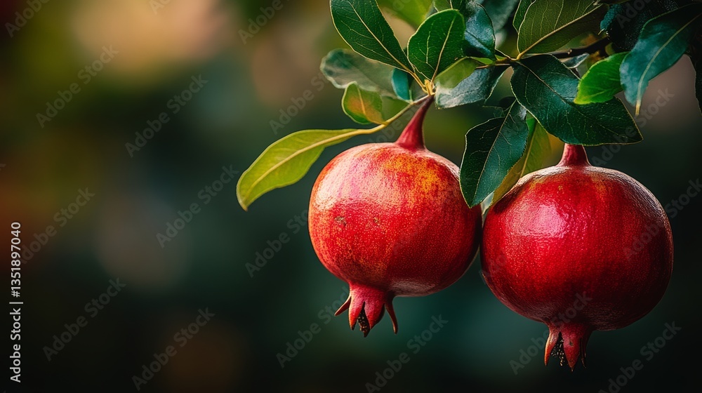 Two red pomegranates hanging from a tree branch. The pomegranates are ripe and ready to be picked Two red pomegranates hanging from a tree branch. The pomegranates are ripe and ready to be picked