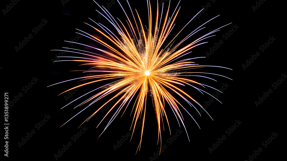 Fototapeta premium Orange and purple fireworks explode in night sky, celebratory event background