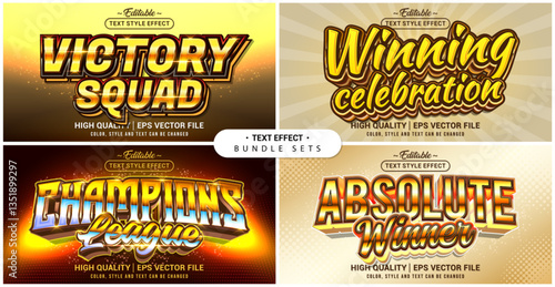 Text style effect bundle set. Victory Winner Champions theme set. Vector editable file format.