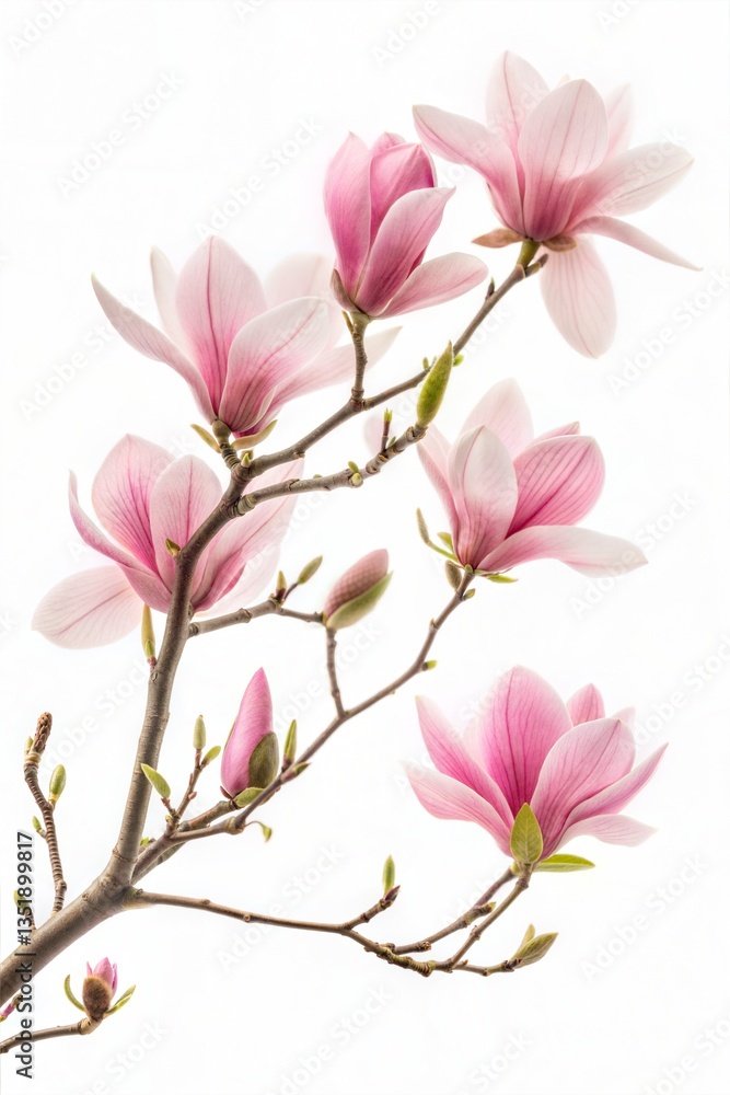 Fototapeta premium Beautiful pink magnolia flowers blooming on a tree branch, isolated on a white background. (Flower)