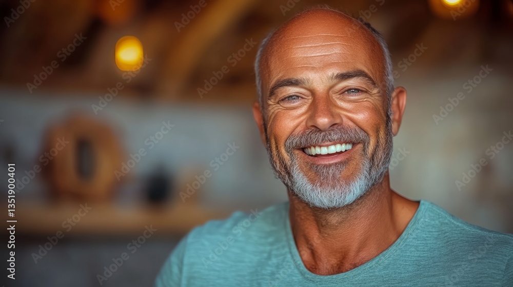 A man with a beard and gray hair is smiling and wearing a green shirt. He is standing in front of a wall with a clock on it A man with a beard and gray hair is smiling and wearing a green shirt. He is standing in front of a wall with a clock on it