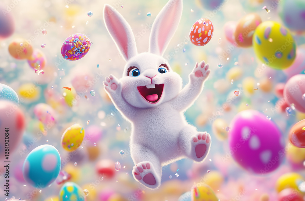 Happy Easter Bunny Celebrating with Colorful Eggs and Confetti
Happy Easter Bunny Celebrating with Colorful Eggs and Confetti