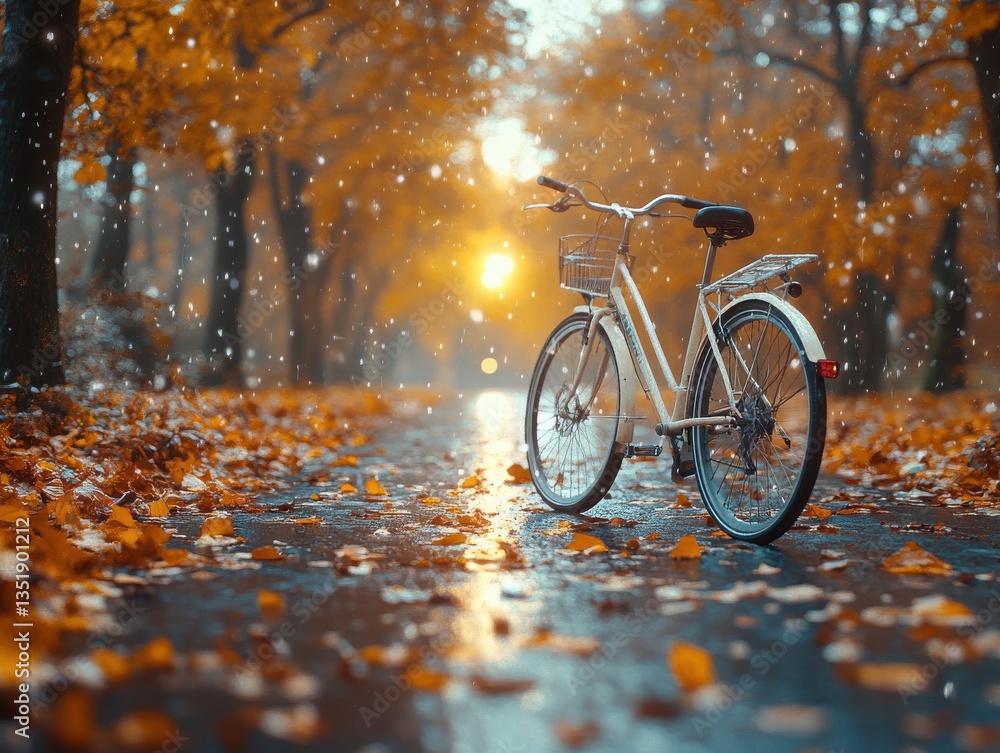 Fototapeta premium Autumnal bike ride, leaves, rain, sunset