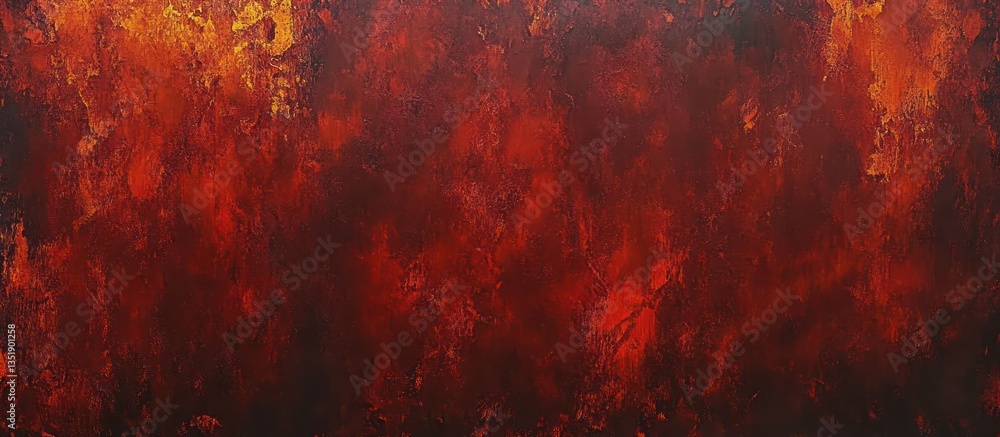 A textured painting depicting rusted iron with deep shades of crimson and burnt orange, blending together with rough brushstrokes
