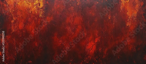 A textured painting depicting rusted iron with deep shades of crimson and burnt orange, blending together with rough brushstrokes