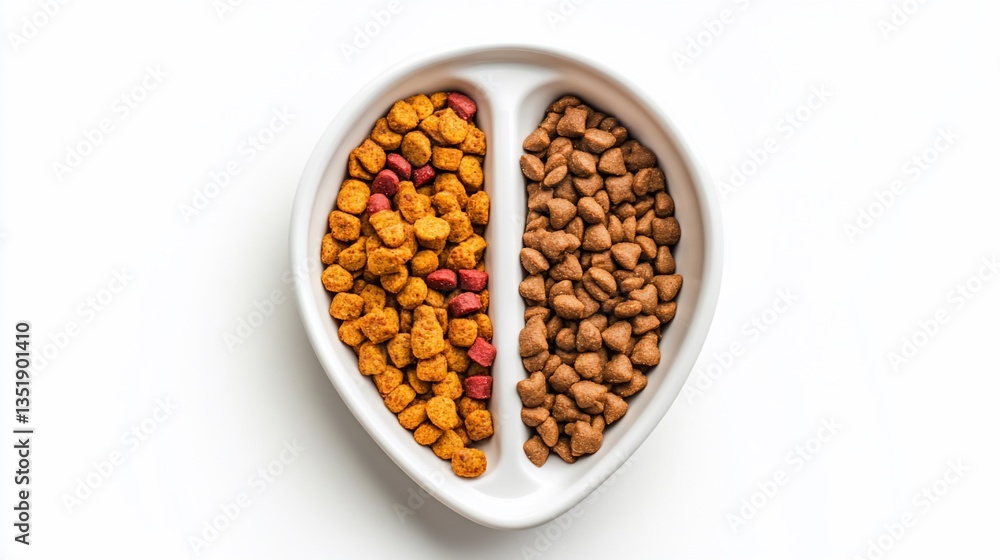 A dual-compartment white dish is filled with two types of dry pet food, with one side being a mix of brown and red pieces, and the other side brown. A dual-compartment white dish is filled with two types of dry pet food, with one side being a mix of brown and red pieces, and the other side brown.
