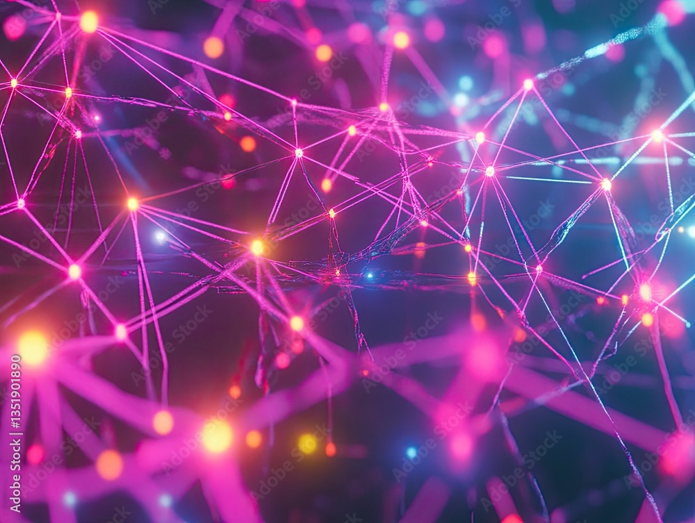 Illuminated network; glowing lines, nodes connect. Illuminated network; glowing lines, nodes connect.