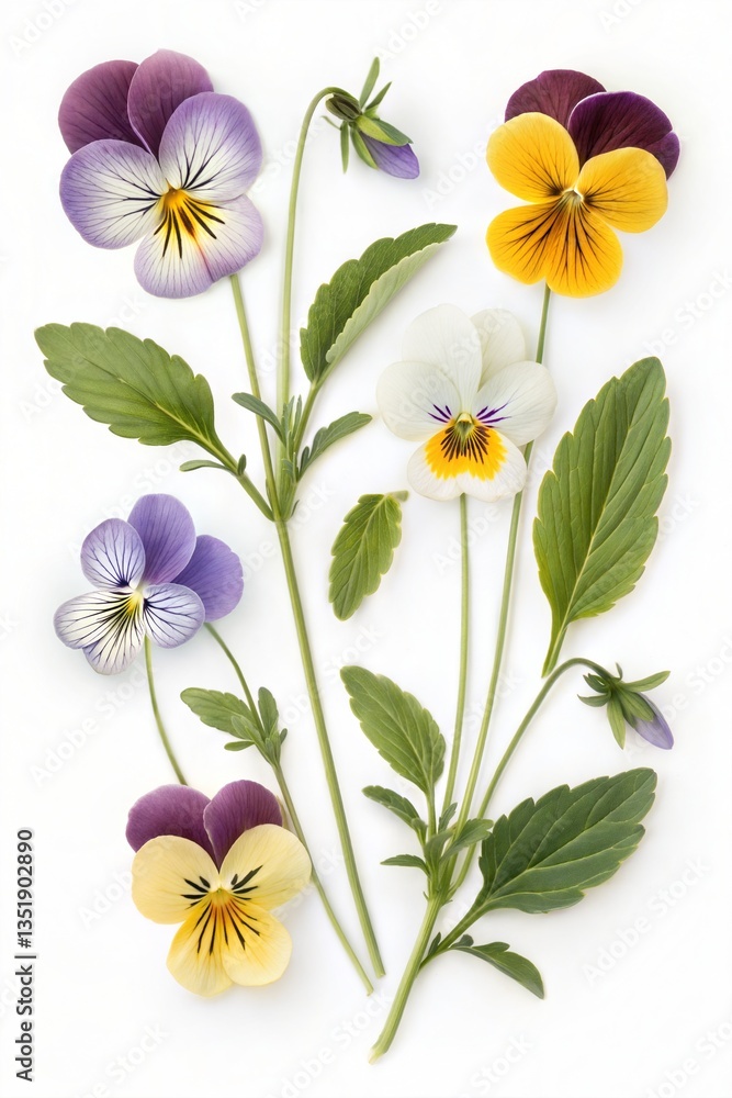 Obraz premium Colorful Viola Pansy Flower Collection Isolated on White, Spring Blooms and Leaves 