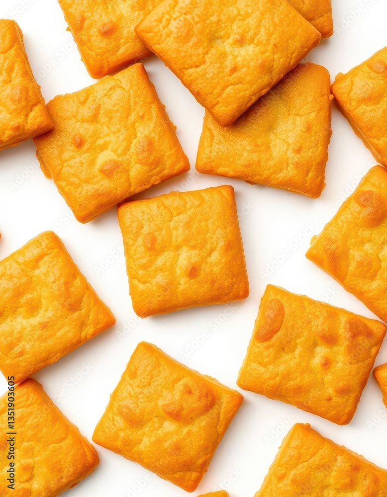 Crisp, golden-brown square biscuits, isolated on white background, isolated, crunchy, food background Crisp, golden-brown square biscuits, isolated on white background, isolated, crunchy, food background