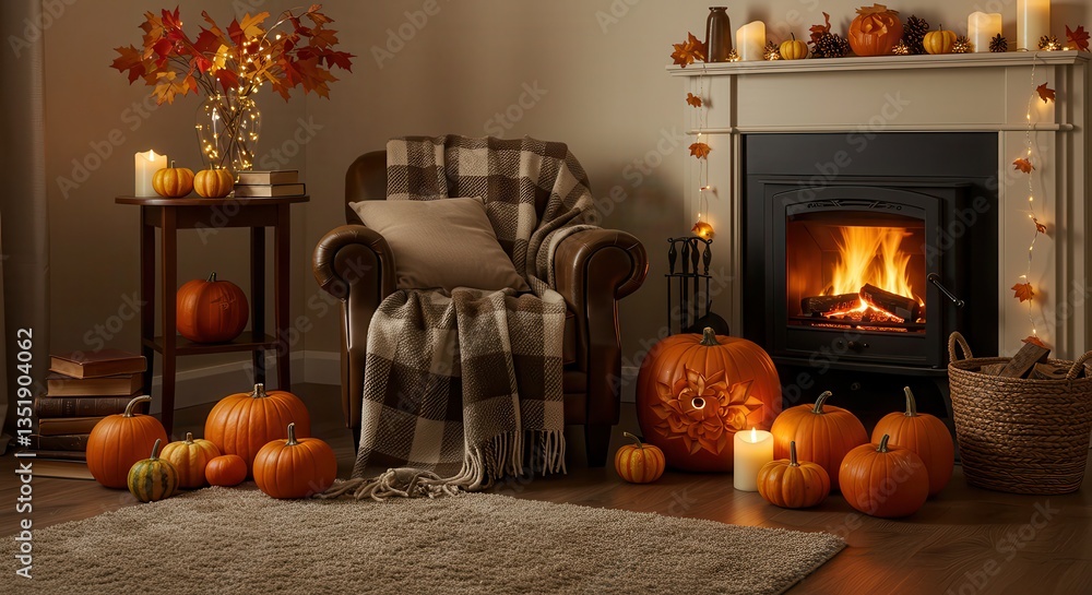 Obraz premium Cozy Autumn Interior with Pumpkins Fireplace and Armchair Decoration