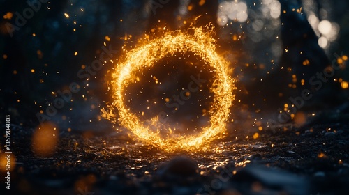 A fiery circle or portal on the ground surrounded by sparks in a dark forest scene