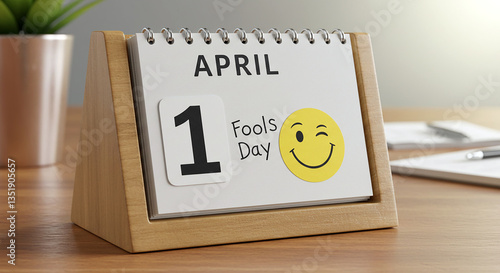 April 1st Fools' Day desk calendar, humorous, representing pranks and celebrations, on a wooden surface