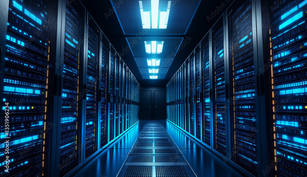 Fototapeta premium A high-tech data center with rows of black and blue server cabinets