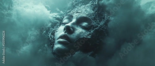 A woman's face is shown in a cloud of water