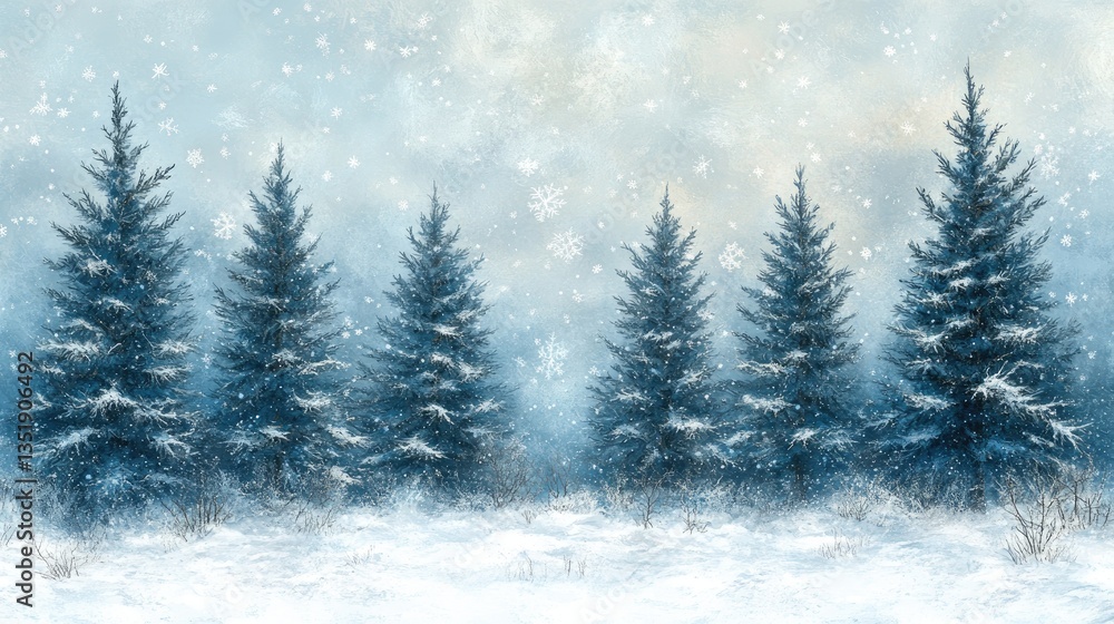 Snowy forest winter scene; snowfall background Snowy forest winter scene; snowfall background