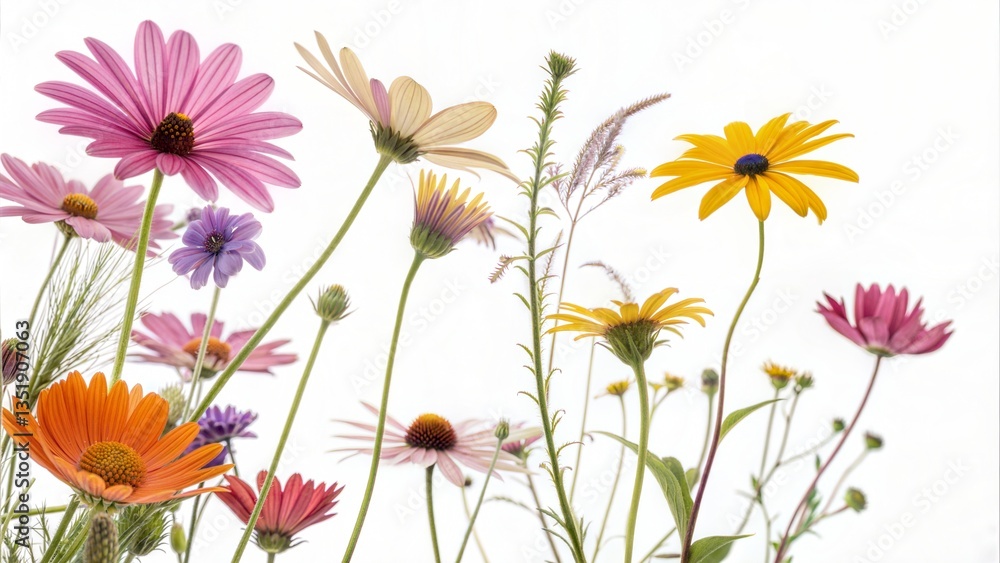 Fototapeta premium Vibrant Wildflowers on White Background 