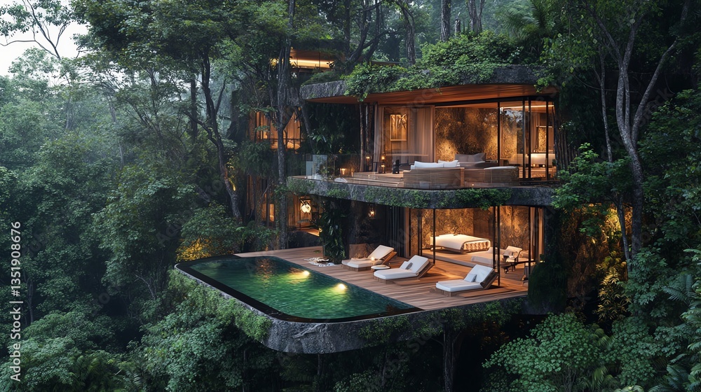 A treehouse hotel deep in the jungle, blending luxury with nature A treehouse hotel deep in the jungle, blending luxury with nature