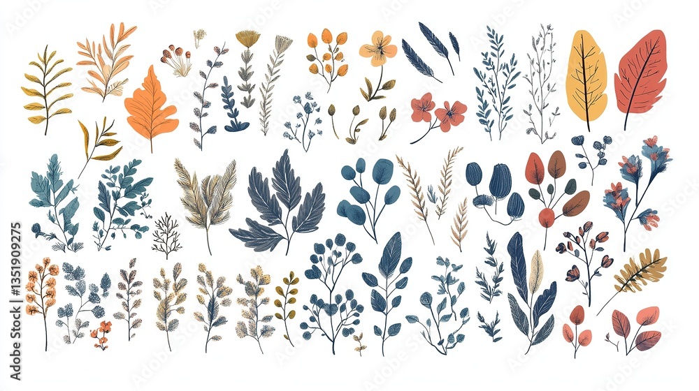 A comprehensive collection of hand-drawn vector elements and shapes, featuring intricate designs of leaves, flowers, feathers, and wreaths, all isolated on a clean white background. A comprehensive collection of hand-drawn vector elements and shapes, featuring intricate designs of leaves, flowers, feathers, and wreaths, all isolated on a clean white background.