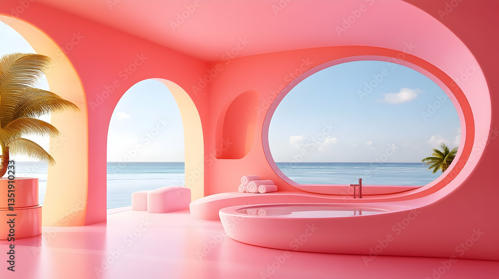 Fototapeta premium Pink oceanfront spa bathtub relaxation