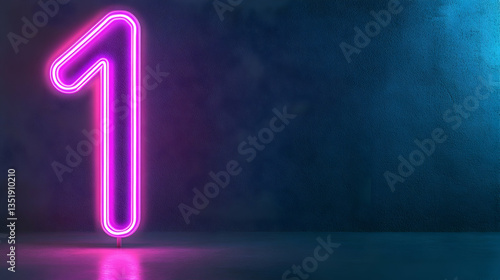 Pink neon number one against a dark blue textured wall;  background is blurry;  perfect for first place concepts