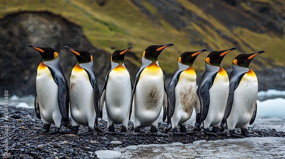 Fototapeta premium Eight king penguins standing on a dark beach.