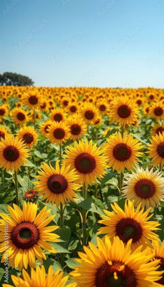 Fototapeta premium Vibrant sunflower field, blossoms in full bloom, sunny day, floral, sun