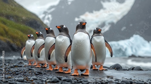 Five Gentoo penguins standing on a beach in Antarctica.
