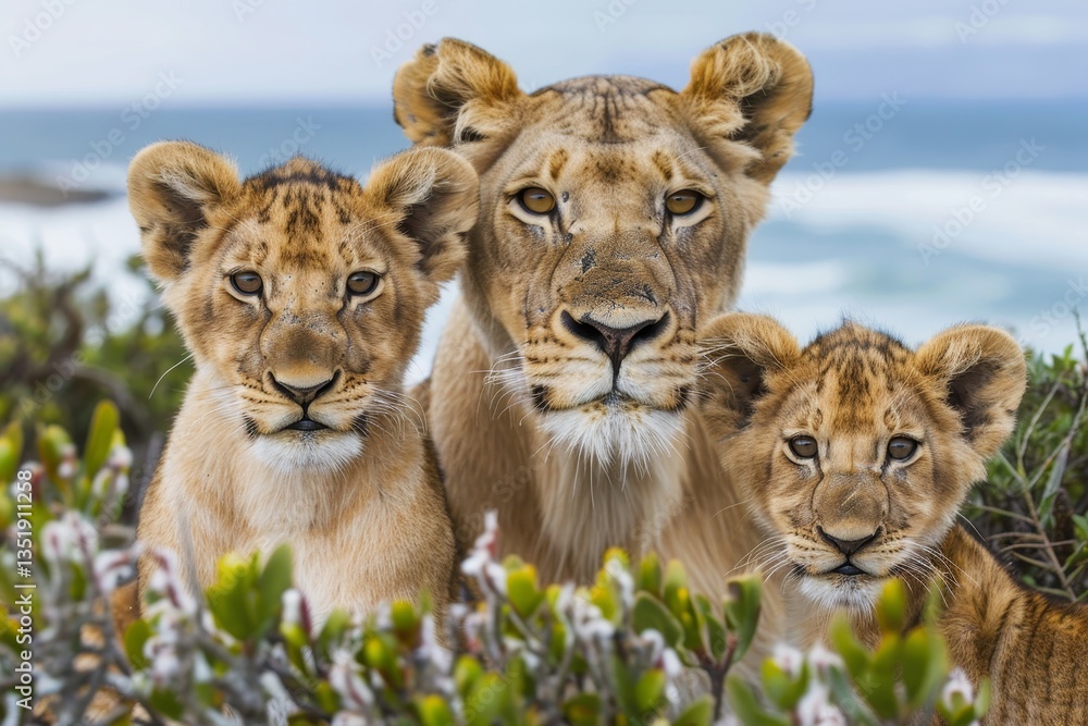 Lion with small lion cubs in nature, family of lions Lion with small lion cubs in nature, family of lions
