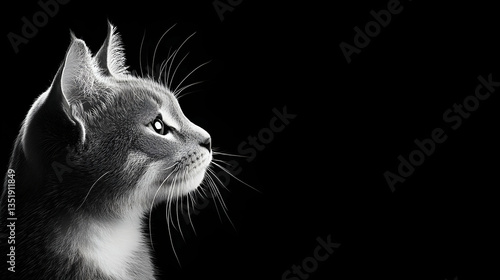 Profile of a grey cat looking right, black background, pet portrait, website banner