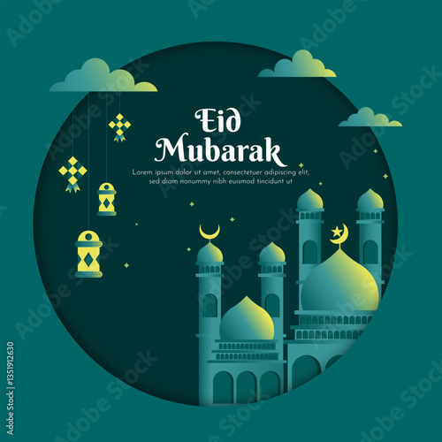 Vector illustration of Mosque and decoration hangings for Islamic festival Celebration Eid Mubarak.