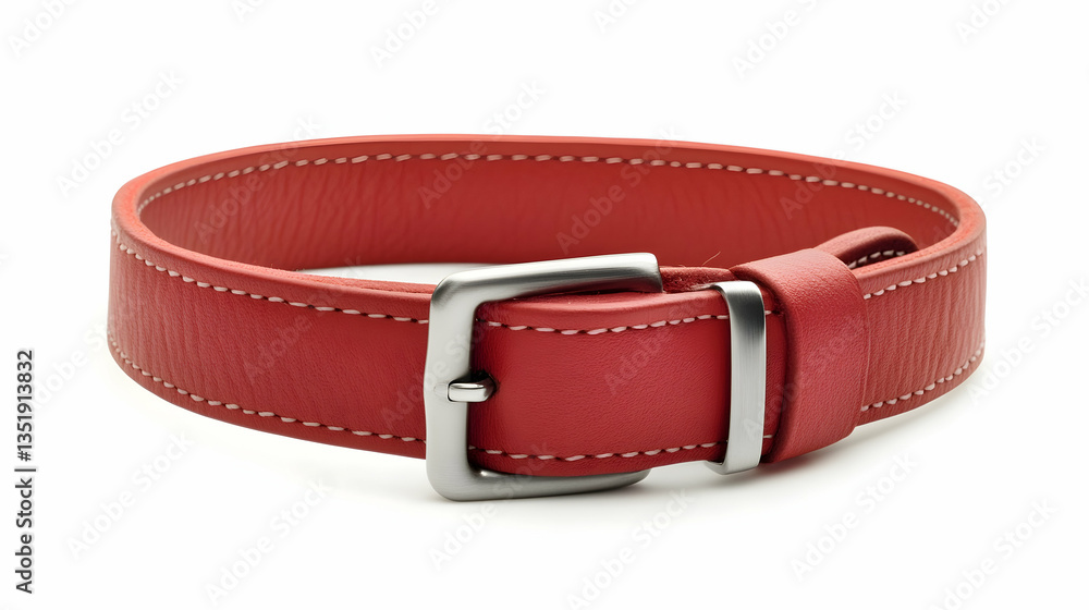 Red leather dog collar, silver buckle, studio shot, white background, pet accessory Red leather dog collar, silver buckle, studio shot, white background, pet accessory