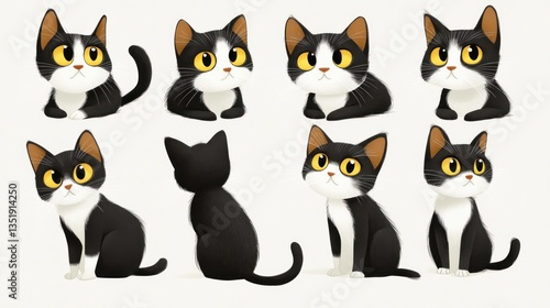 Multiple black and white cats in different poses on a plain background for animation