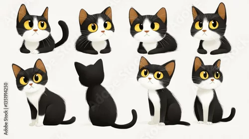 Obraz Multiple black and white cats in different poses on a plain background for animation