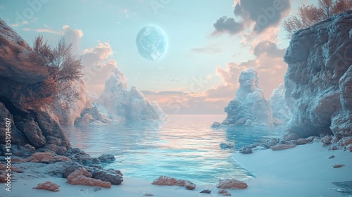 Dreamy landscape with rocky cliffs, a light blue sea, a sandy beach, a planet, and soft clouds in the sky