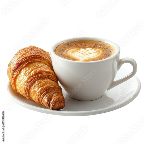 Cup of coffee with croissant isolated on white background