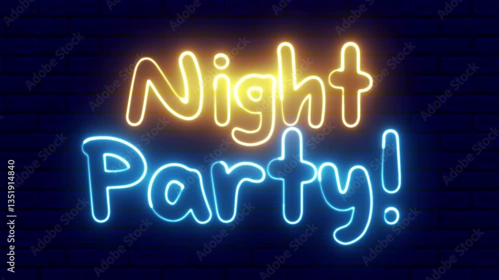 Night Party neon sign. Night Party text font with neon light. Luminous and shimmering haze inside the letters of the text Night Party. Night Party neon sign. Night Party text font with neon light. Luminous and shimmering haze inside the letters of the text Night Party.