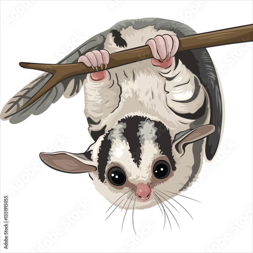 Cute Sugar Glider Hanging Upside Down from a Branch/A digitally illustrated sugar glider, showcasing a charming and playful pose as it hangs upside down from a branch.