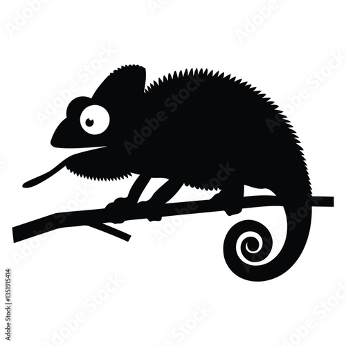 Cute Black Silhouette of a Chameleon on a Branch/A simple, stylized black silhouette of a chameleon perched on a branch against a plain white background.