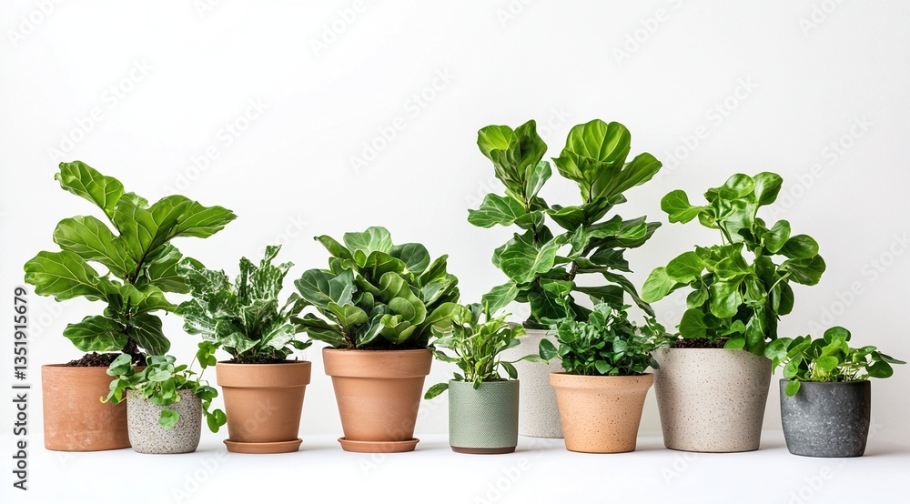 Row of potted plants on white background. Row of potted plants on white background.