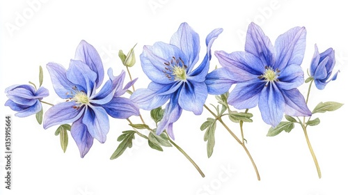 Watercolor painting of blue flowers in a botanical illustration with aquilegia species and green foliage