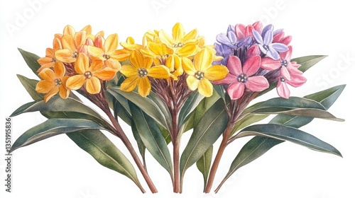 Watercolor painting of a bunch of flowers including aubrieta in a botanical illustration style