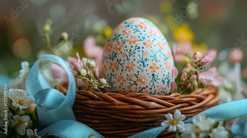 Decorated Easter egg in a bird nest with spring blossoms and ribbon.