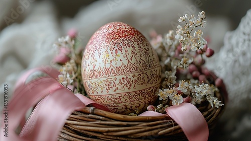Decorated egg in nest with blossoms.