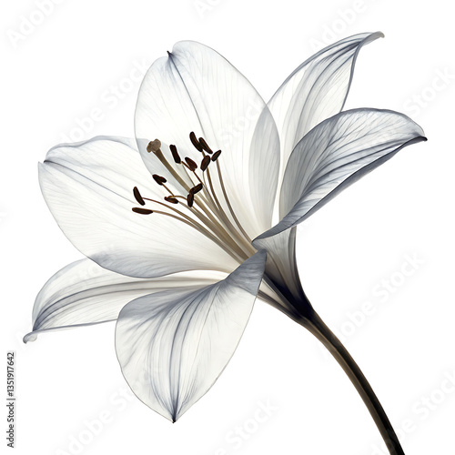 an x-ray of an elegant flower, , white background, minimalism, ethereal details, monochrome