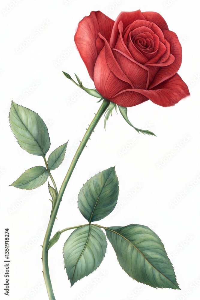 Fototapeta premium Single Red Rose with Green Stem and Leaves, Isolated on White Background 