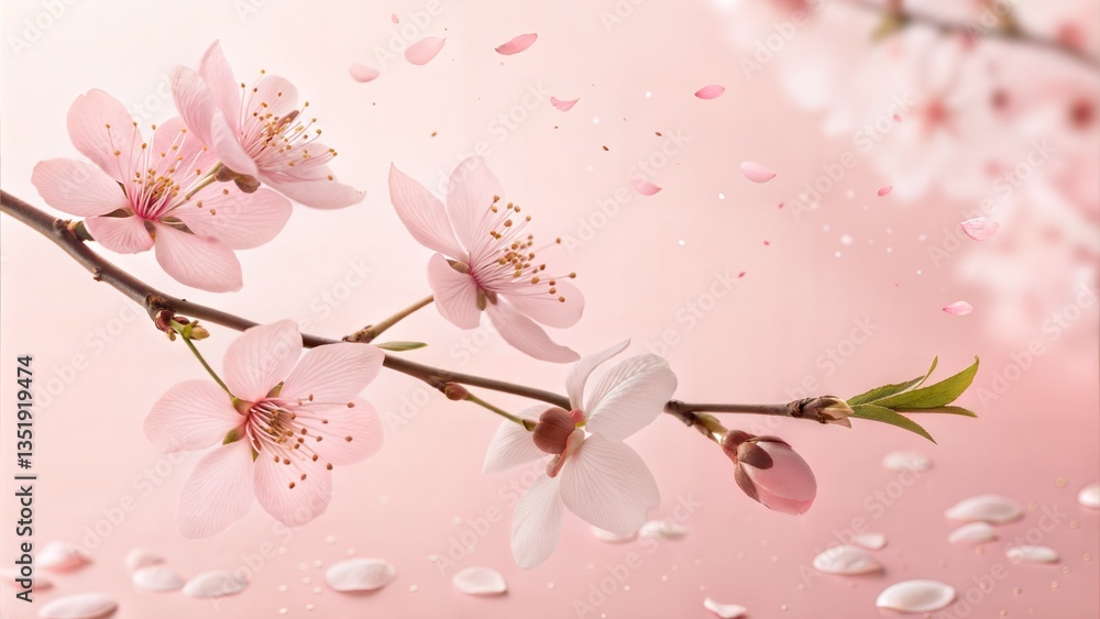 Fototapeta premium Soft pink cherry blossoms floating against a pastel pink background, creating a dreamy aesthetic. (Flower)