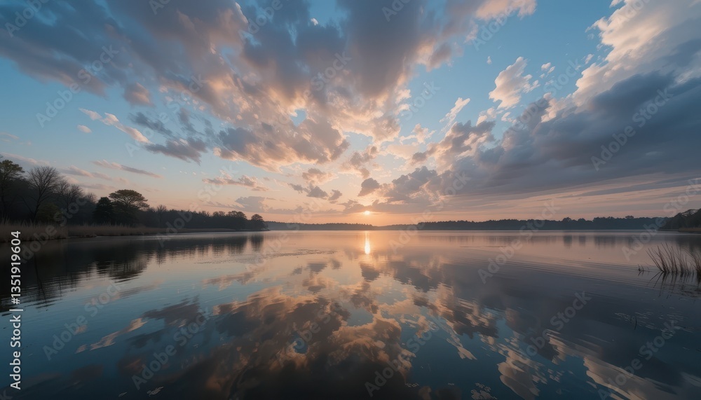 Obraz premium Sunrise reflection on calm lake nature landscape tranquil scenic