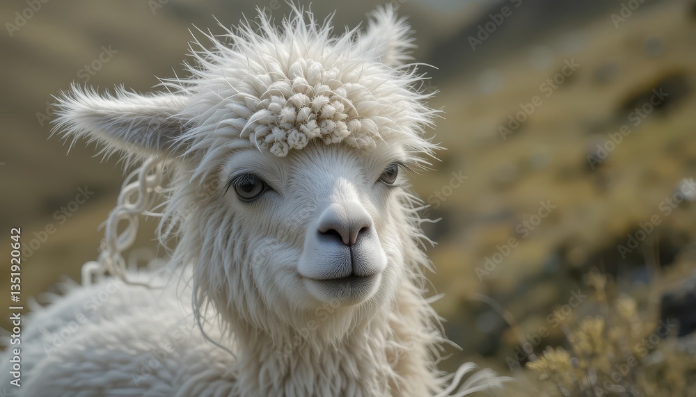 Majestic alpaca portrait mountainous region animal photography natural habitat close-up beauty