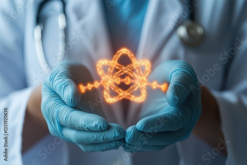 A medical professional holds a glowing atomic symbol, symbolizing the intersection of science and healthcare.